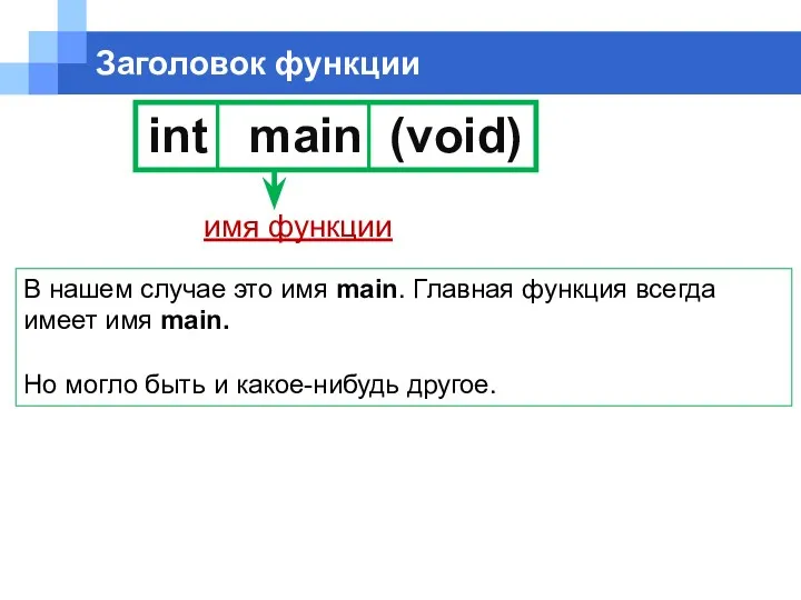 int main (void) Заголовок функции имя функции В нашем случае