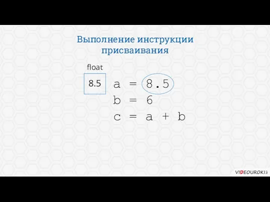 Выполнение инструкции присваивания a = 8.5 b = 6 c = a + b 8.5 float