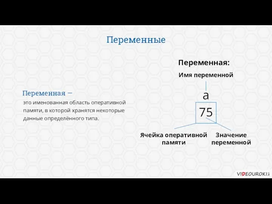 Переменные это именованная область оперативной памяти, в которой хранятся некоторые