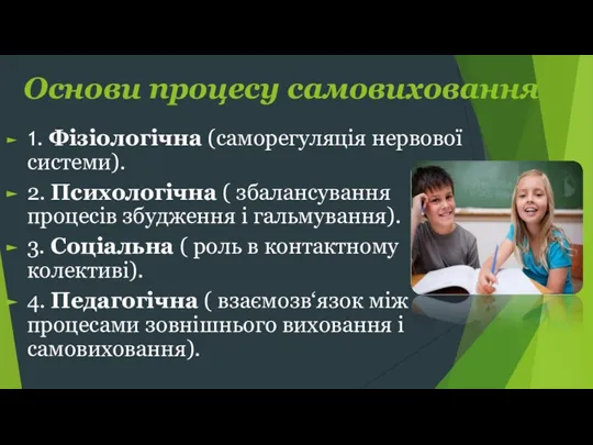 Основи процесу самовиховання 1. Фізіологічна (саморегуляція нервової системи). 2. Психологічна