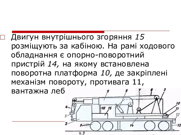 Двигун внутрішнього згоряння 15 розміщують за кабіною. На рамі ходового