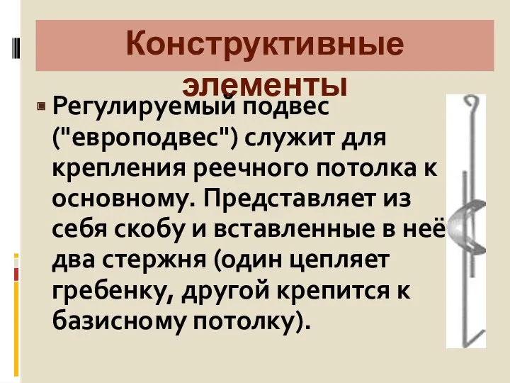 Конструктивные элементы Регулируемый подвес ("европодвес") служит для крепления реечного потолка