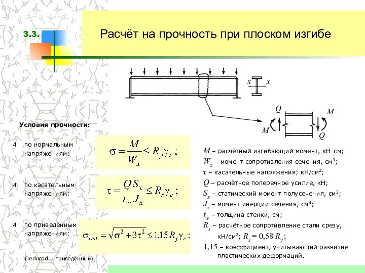 Расчёт на прочность при плоском изгибе Условия прочности: M –