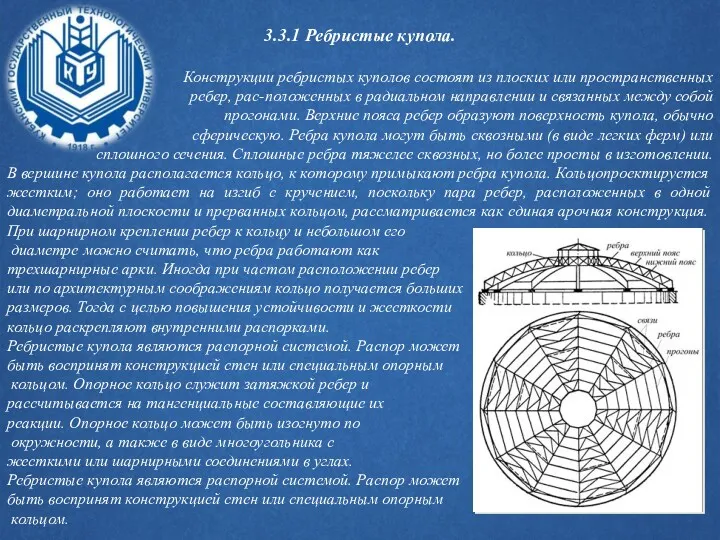 3.3.1 Ребристые купола. Конструкции ребристых куполов состоят из плоских или пространственных ребер, рас-положенных