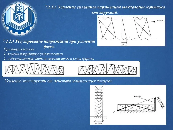 7.2.1.3 Усиление вызванное нарушением технологии монтажа конструкций. 7.2.1.4 Регулирование напряжений при усилении ферм.