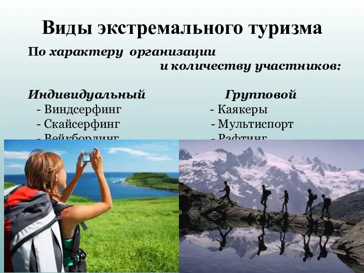 Виды экстремального туризма По характеру организации и количеству участников: Индивидуальный