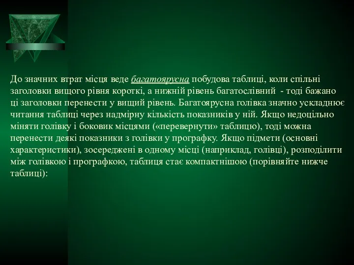 До значних втрат місця веде багатоярусна побудова таблиці, коли спільні