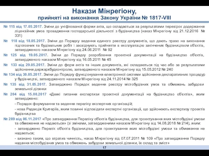 Накази Мінрегіону, прийняті на виконання Закону України № 1817-VІІІ №