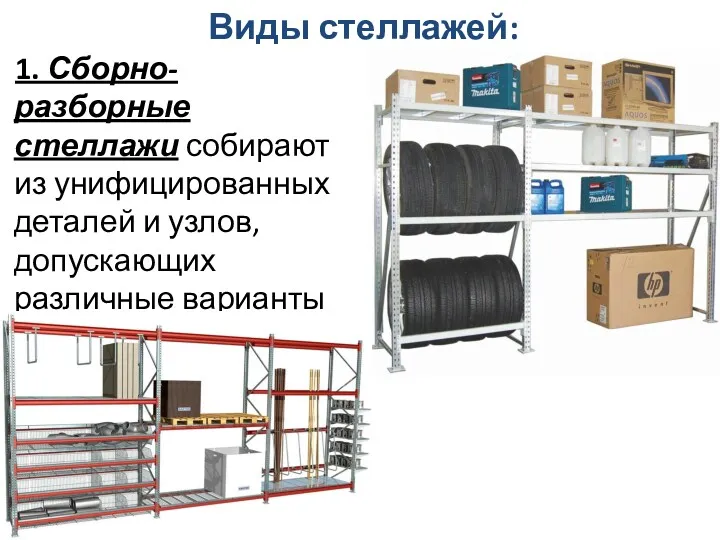 Виды стеллажей: 1. Сборно-разборные стеллажи собирают из унифицированных деталей и узлов, допускающих различные варианты компоновки.