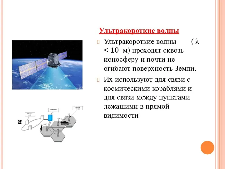 Ультракороткие волны Ультракороткие волны ( λ Их используют для связи