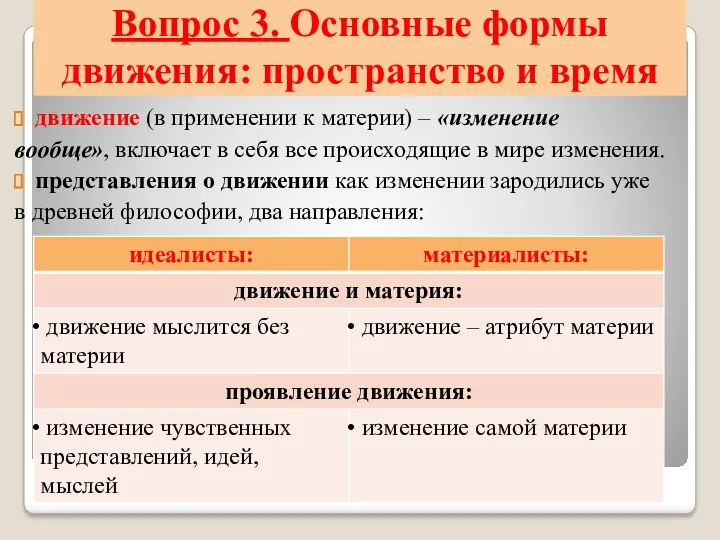 Вопрос 3. Основные формы движения: пространство и время движение (в