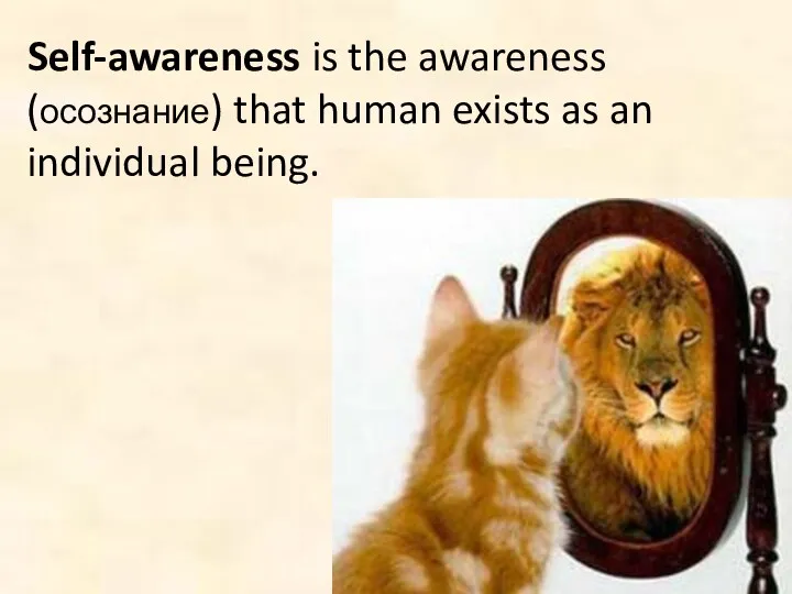 Self-awareness is the awareness (осознание) that human exists as an individual being.