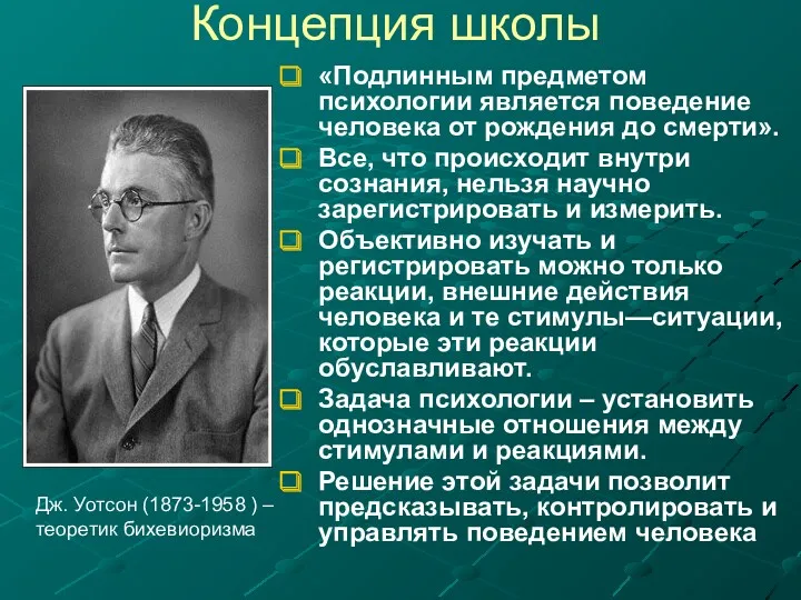 Концепция школы «Подлинным предметом психологии является поведение человека от рождения