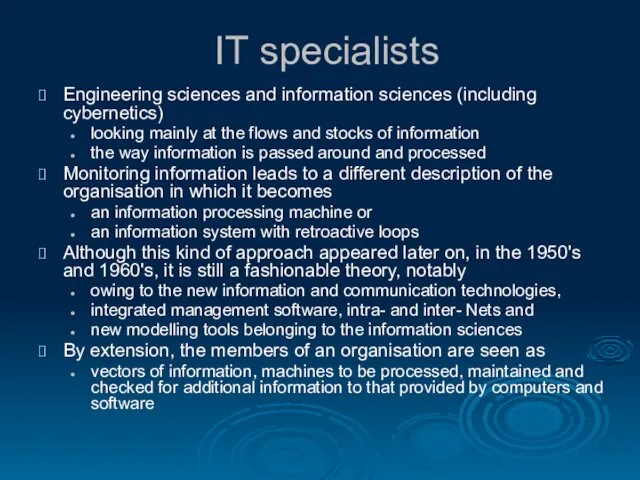 IT specialists Engineering sciences and information sciences (including cybernetics) looking