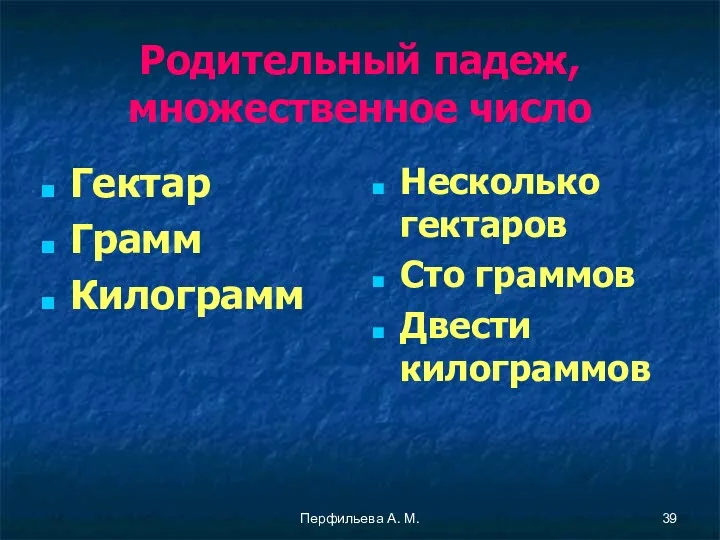 Перфильева А. М. Родительный падеж, множественное число Гектар Грамм Килограмм Несколько гектаров Сто граммов Двести килограммов