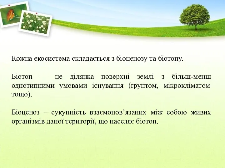 Кожна екосистема складається з біоценозу та біотопу. Біотоп — це