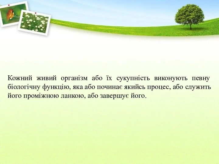 Кожний живий організм або їх сукупність виконують певну біологічну функцію,