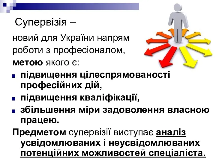 Супервізія – новий для України напрям роботи з професіоналом, метою якого є: підвищення