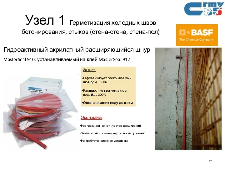 Узел 1 Герметизация холодных швов бетонирования, стыков (стена-стена, стена-пол) Гидроактивный