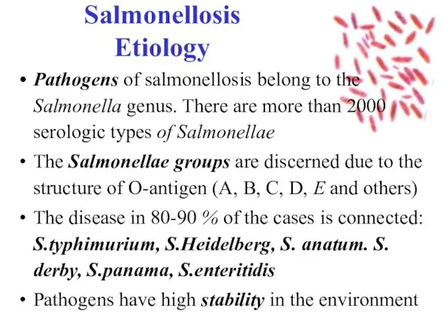 Salmonellosis Etiology Pathogens of salmonellosis belong to the Salmonella genus.
