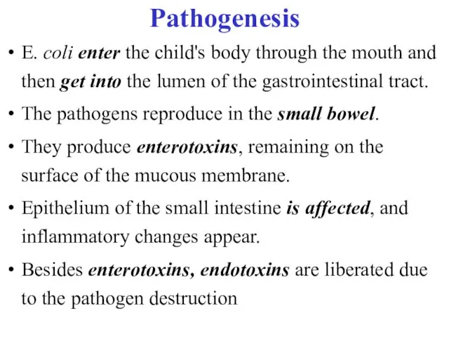 Pathogenesis E. coli enter the child's body through the mouth