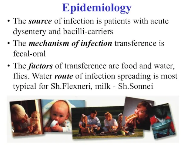 Epidemiology The source of infection is patients with acute dysentery