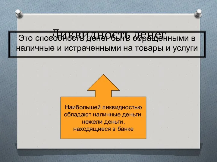 Ликвидность денег Это способность денег быть обращенными в наличные и