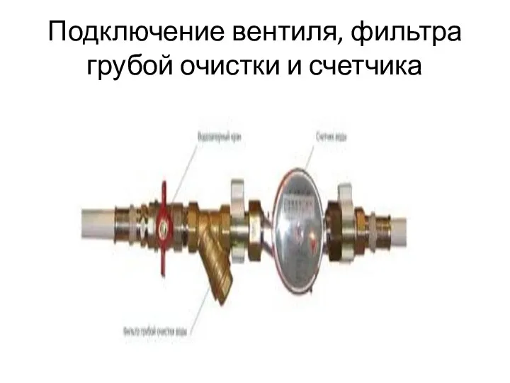 Подключение вентиля, фильтра грубой очистки и счетчика