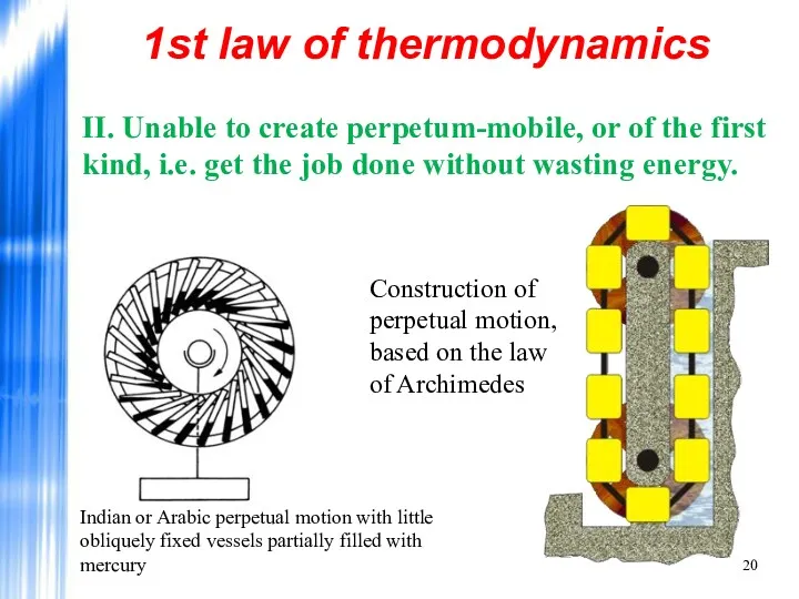 1st law of thermodynamics II. Unable to create perpetum-mobile, or of the first