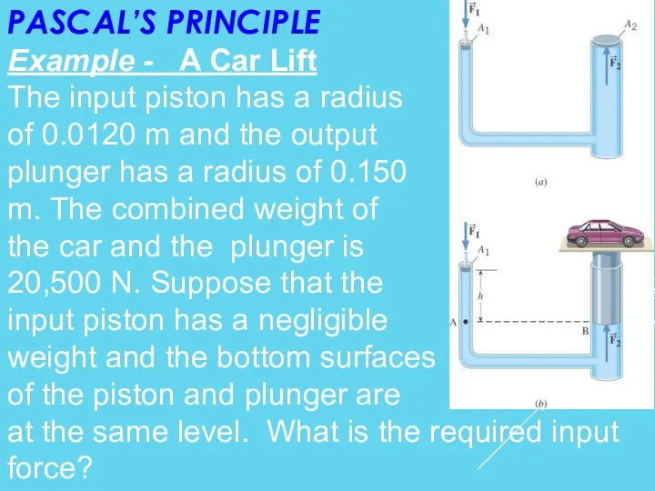 PASCAL’S PRINCIPLE Example - A Car Lift The input piston