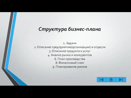 Структура бизнес-плана 1. Задачи 2. Описание предприятия(организации) и отрасли 3.