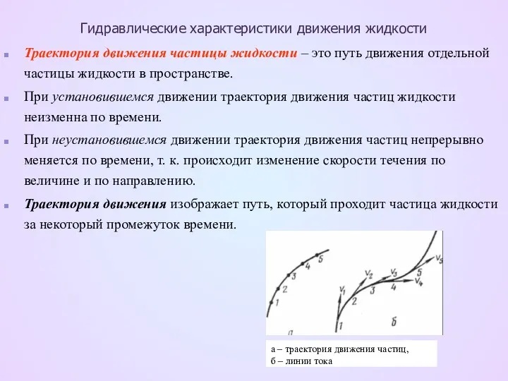 Гидравлические характеристики движения жидкости Траектория движения частицы жидкости – это