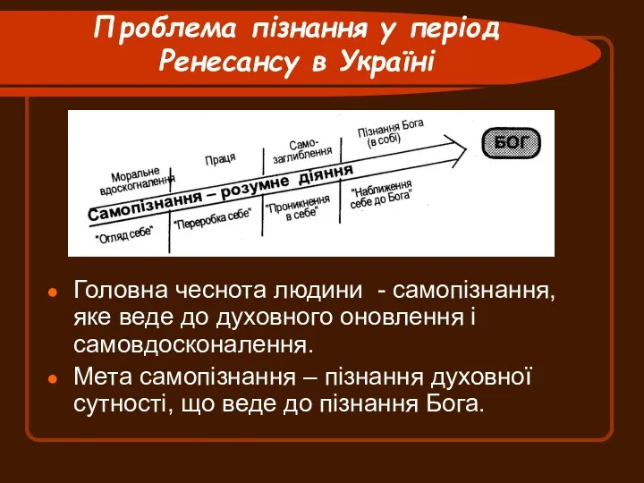 Проблема пізнання у період Ренесансу в Україні Головна чеснота людини - самопізнання, яке