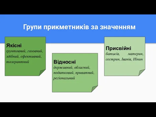 Групи прикметників за значенням Якісні ґрунтовний, головний, здібний, ефективний, толерантний