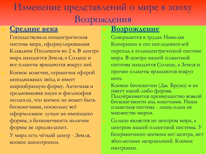 Изменение представлений о мире в эпоху Возрождения Средние века Господствовала