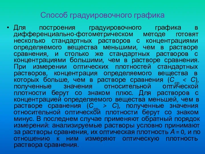 Способ градуировочного графика Для построения градуировочного графика в дифференциально-фотометрическом методе