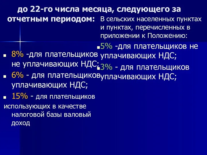 до 22-го числа месяца, следующего за отчетным периодом: 8% -для