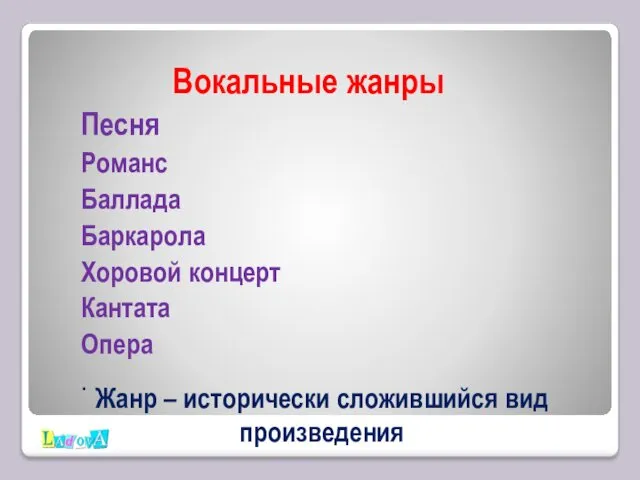 Жанр – исторически сложившийся вид произведения Вокальные жанры Песня Романс Баллада Баркарола Хоровой