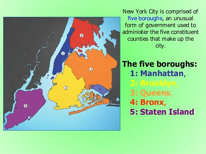 The five boroughs: 1: Manhattan, 2: Brooklyn, 3: Queens, 4: