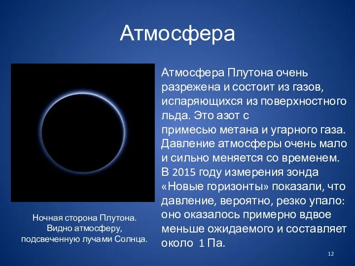 Ночная сторона Плутона. Видно атмосферу, подсвеченную лучами Солнца. Атмосфера Атмосфера