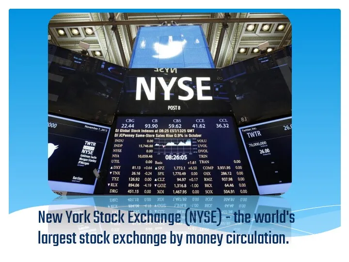 New York Stock Exchange (NYSE) - the world's largest stock exchange by money circulation.