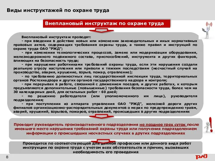 Виды инструктажей по охране труда 8 Внеплановый инструктаж проводят: - при введении в