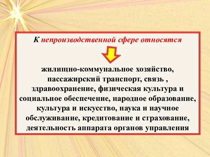 К непроизводственной сфере относятся жилищно-коммунальное хозяйство, пассажирский транспорт, связь ,