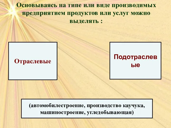 Основываясь на типе или виде производимых предприятием продуктов или услуг