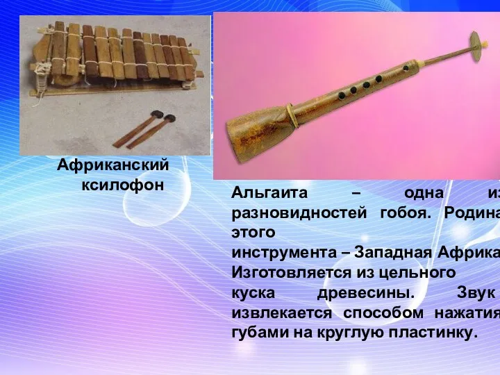 Африканский ксилофон Альгаита – одна из разновидностей гобоя. Родина этого инструмента – Западная