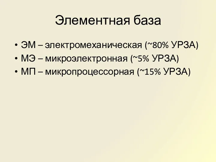 Элементная база ЭМ – электромеханическая (~80% УРЗА) МЭ – микроэлектронная