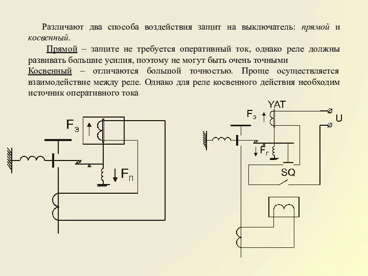 Различают два способа воздействия защит на выключатель: прямой и косвенный. Прямой – защите