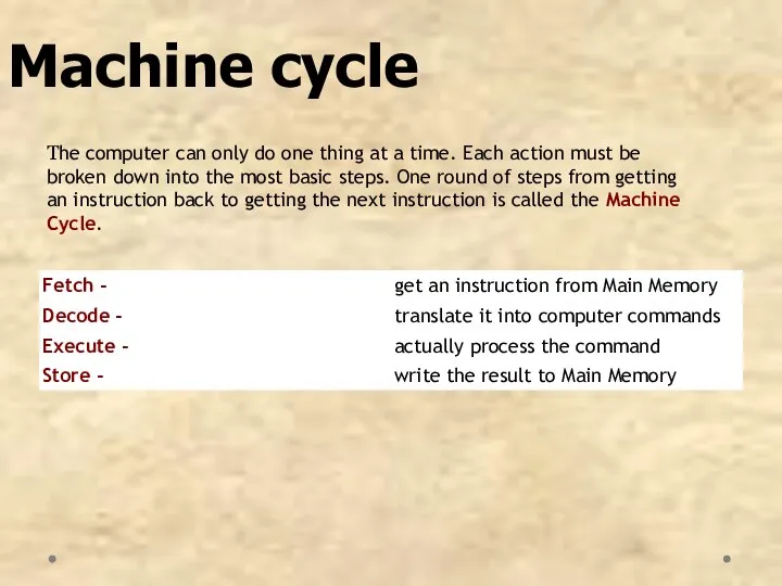 Machine cycle The computer can only do one thing at