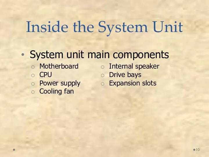 Motherboard CPU Power supply Cooling fan Internal speaker Drive bays
