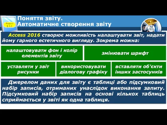 Поняття звіту. Автоматичне створення звіту Розділ 5 § 5.1 Access